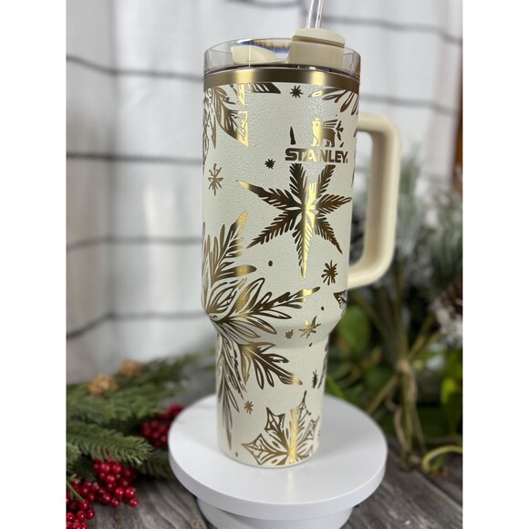 40oz Custom Engraved Etched Stanley Winter Christmas Cup, Snowflakes, Cream Moon - Picture 5 of 10